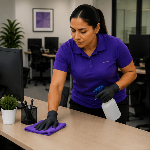 Office Cleaning | Fox Point WI | Team Clean Supreme | Office Cleaning Desk Woman cleaner providing office cleaning for desks and workspaces in Fox Point WI by Team Clean Supreme